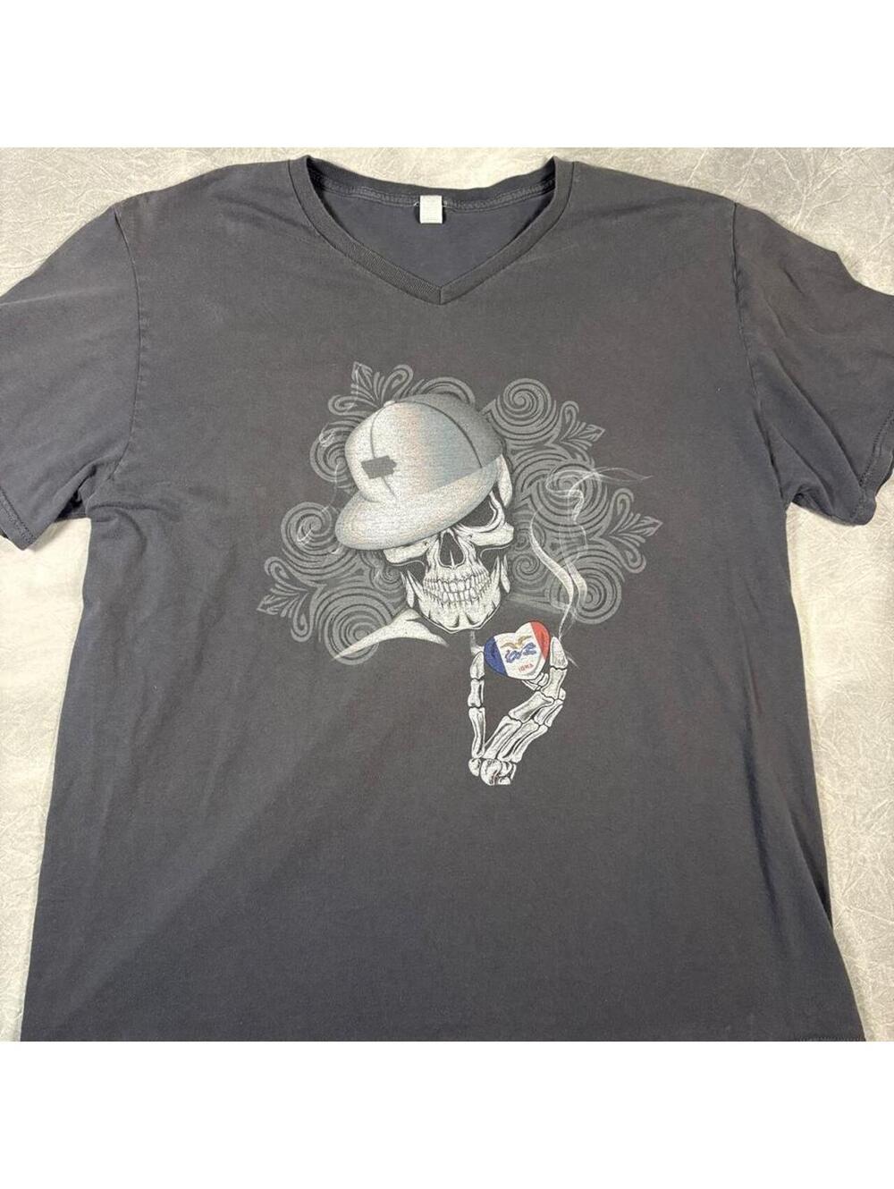 Faded Skeleton Iowa Graphic T Shirt 2XL Biker Tattoo V Neck Charcoal